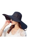 Chapeau de plage à rayures pour femme - Chapeau de paille pliable à large bord - Chapeau dété à rayures noires et blanches