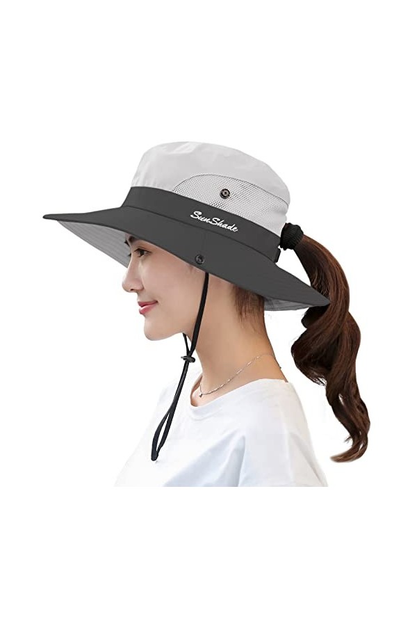 Muryobao Chapeau de soleil pour femme - Protection UV - Pliable - En maille - Large bord - Beige