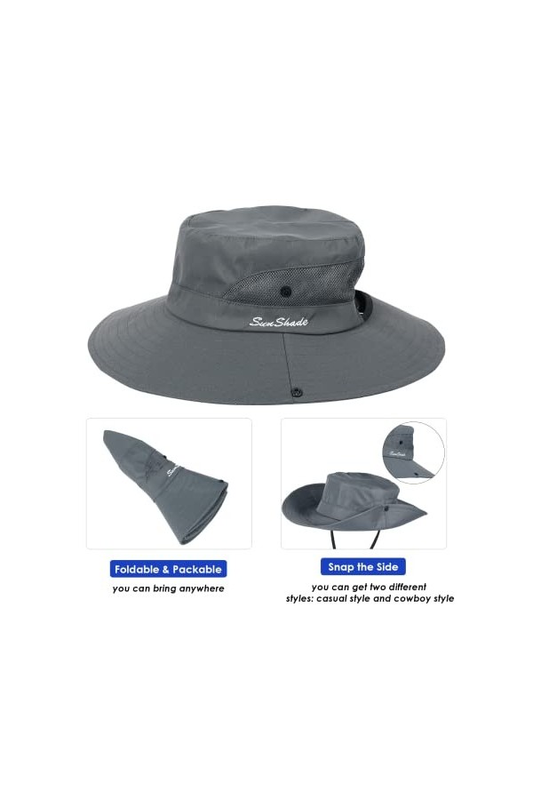 Chapeau de soleil pour femme - Protection UV UPF 50+ - Pour femme avec trou pour queue de cheval - Pliable - Large bord - Mai