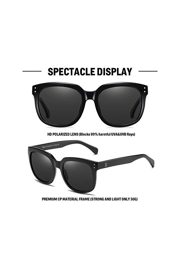 DUCO DC2148 Lunettes de soleil carrées surdimensionnées rétro vintage pour femme Protection UV, Noir, Medium