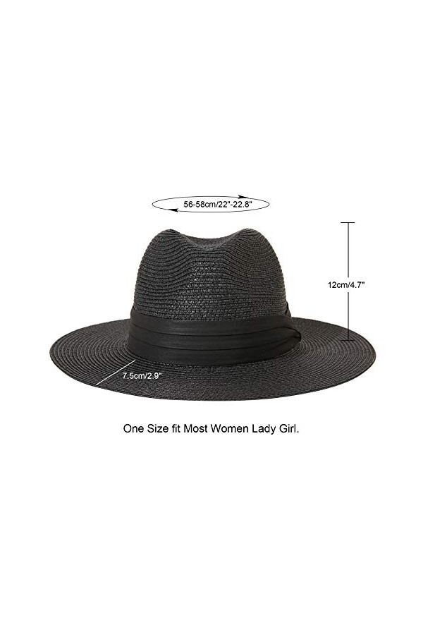 Lanzom - Chapeau de plage Fedora - Bonnet à large bord à enrouleur en paille Panama - FPS 50 - Pour femme - Noir - Taille uni