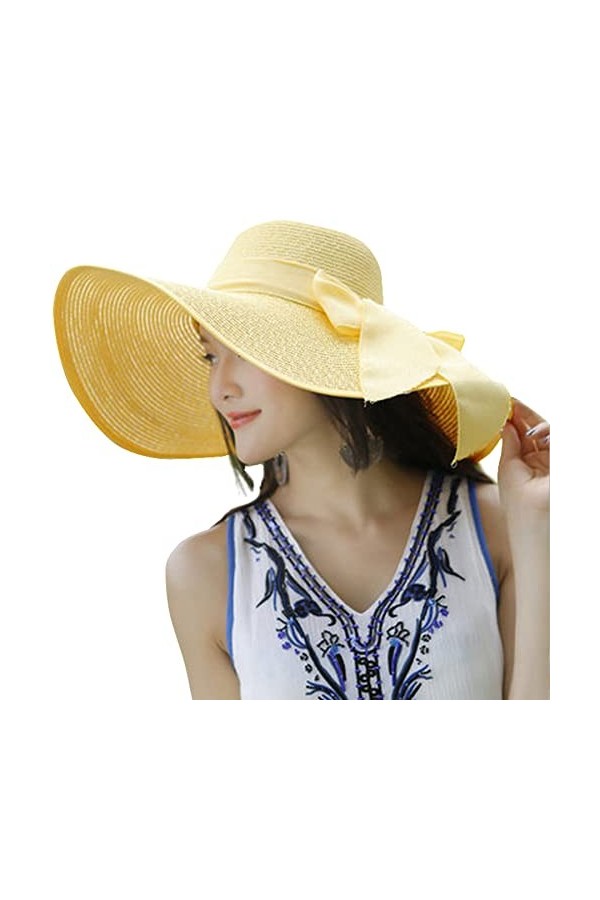 Lanzom Chapeau de paille pliable pour femme avec nœud UPF 50+ - Noir - Taille unique