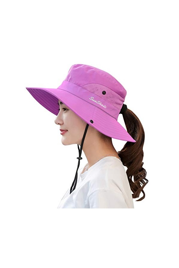 HGGE Chapeau dété pour Femme en Maille à Large Bord de Protection UV avec Trou pour Queue de Cheval - Rouge - Taille Unique