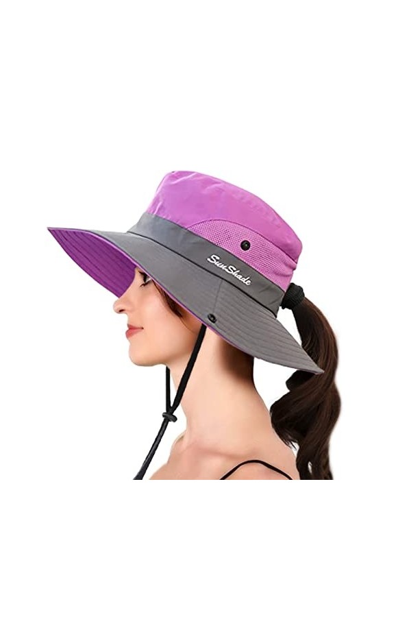 AJG Chapeau de soleil pour femme avec trou pour queue de cheval, large bord, protection UV, chapeau pliable pour lextérieur,