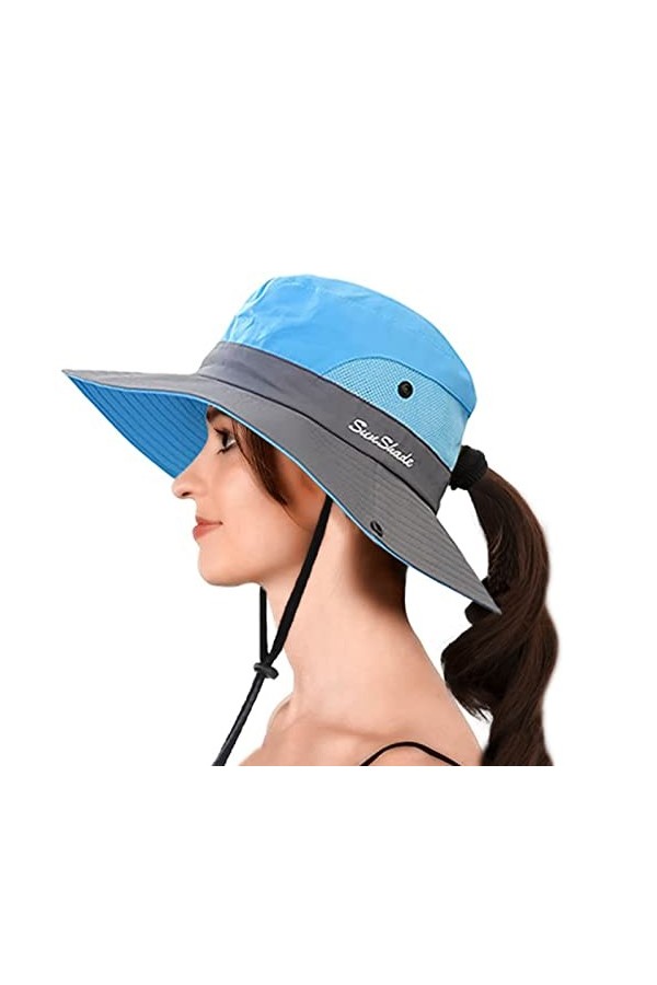 AJG Chapeau de soleil pour femme avec trou pour queue de cheval, large bord, protection UV, chapeau pliable pour lextérieur,