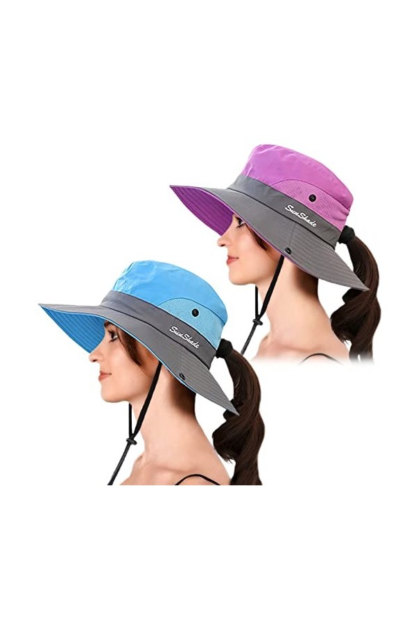 AJG Chapeau de soleil pour femme avec trou pour queue de cheval, large bord, protection UV, chapeau pliable pour lextérieur,