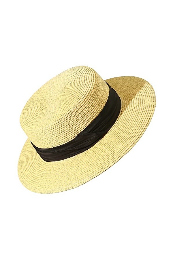 Lanzom Chapeau de soleil pour femme à large bord en paille pliable pour lété, beige, Taille M