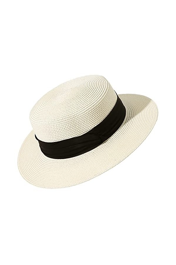 Lanzom Chapeau de soleil pour femme à large bord en paille pliable pour lété, beige, Taille M