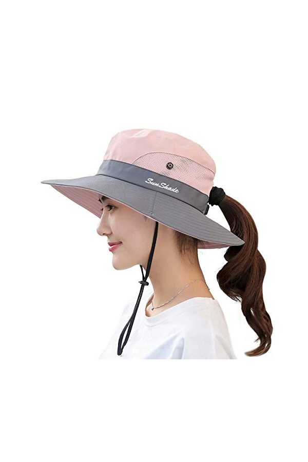 Chapeau de soleil pour femme Protection UV Extérieur Pliable Maille Large Bord Plage Pêche Queue de cheval Seau - Bleu -