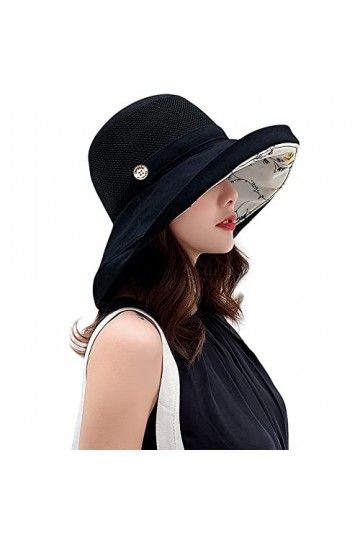 Chapeaux de soleil en maille pour femme - Protection UV UPF - Pliable - Large bord - Mentonnière, noir, Taille M