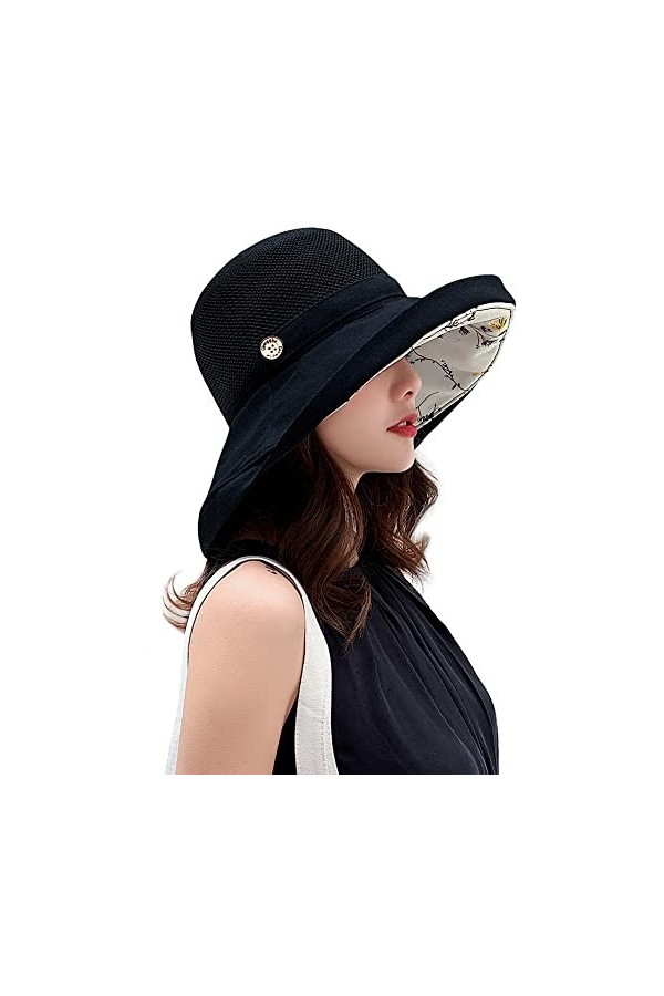 Chapeaux de soleil en maille pour femme - Protection UV UPF - Pliable - Large bord - Mentonnière, noir, Taille M