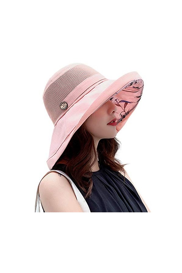 Chapeaux de soleil en maille pour femme - Protection UV UPF - Pliable - Large bord - Mentonnière, noir, Taille M