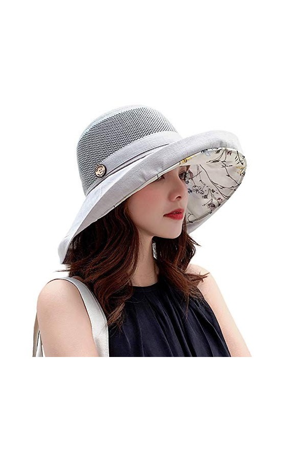 Chapeaux de soleil en maille pour femme - Protection UV UPF - Pliable - Large bord - Mentonnière, noir, Taille M