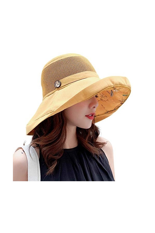 Chapeaux de soleil en maille pour femme - Protection UV UPF - Pliable - Large bord - Mentonnière, noir, Taille M