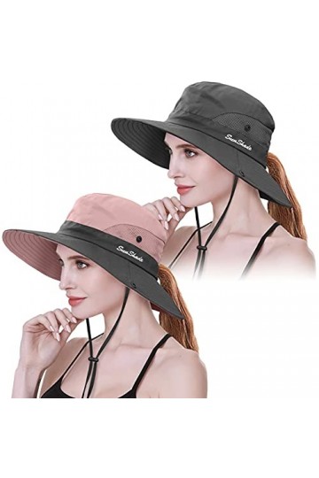 IYEBRAO Lot de 2 chapeaux de soleil pour femme - Protection UV large - Avec cordon de cou - Chapeau de plage - Chapeau de pêc