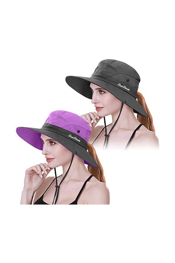 IYEBRAO Lot de 2 chapeaux de soleil pour femme - Protection UV large - Avec cordon de cou - Chapeau de plage - Chapeau de pêc