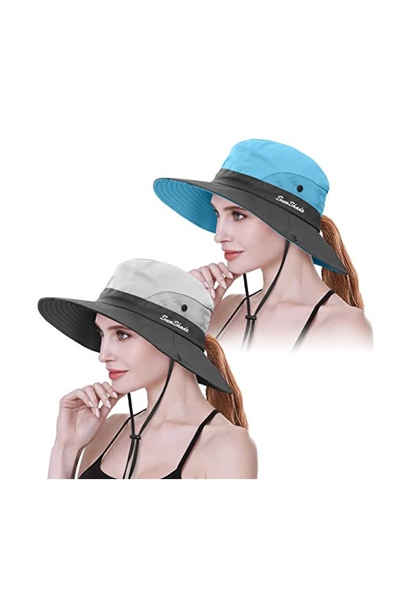 IYEBRAO Lot de 2 chapeaux de soleil pour femme - Protection UV large - Avec cordon de cou - Chapeau de plage - Chapeau de pêc
