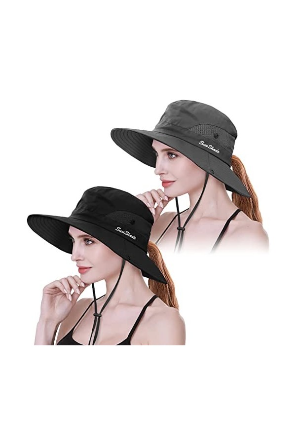 IYEBRAO Lot de 2 chapeaux de soleil pour femme - Protection UV large - Avec cordon de cou - Chapeau de plage - Chapeau de pêc