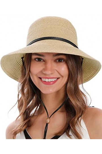 Chapeau de soleil en paille tress e UPF 50+ large bord pour femme avec lani re Ivoire, Beige