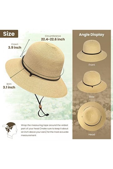 Chapeau de soleil en paille tress e UPF 50+ large bord pour femme avec lani re Ivoire, Beige