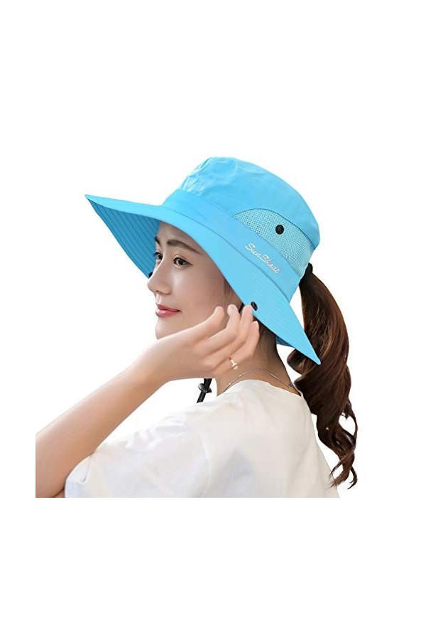 HGGE Chapeau de Soleil pour Femme Pliable avec Trou pour Queue de Cheval Bleu Ciel