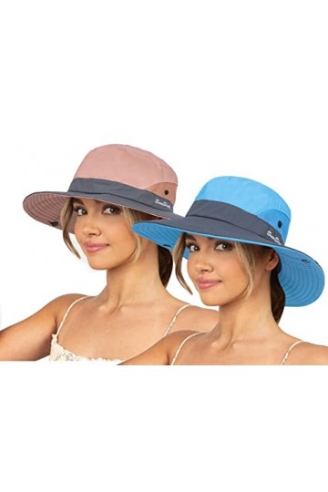 Chapeau de soleil pour femme avec protection UV,Chapeau de pêche à large bord,Chapeau dété pour la plage, la queue de cheval