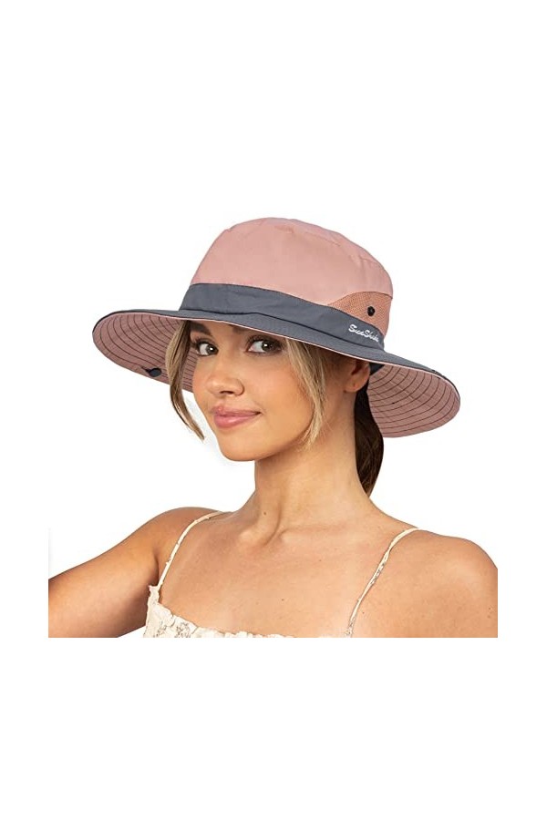 Chapeau de soleil pour femme avec protection UV,Chapeau de pêche à large bord,Chapeau dété pour la plage, la queue de cheval