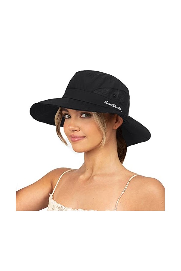 Chapeau de soleil pour femme avec protection UV,Chapeau de pêche à large bord,Chapeau dété pour la plage, la queue de cheval