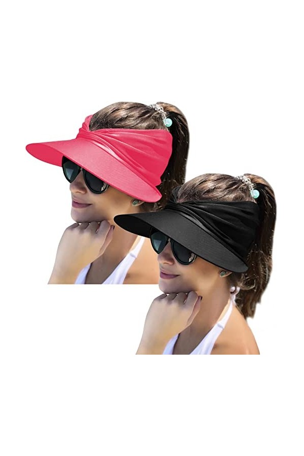 Mukeyo Lot de 2 chapeaux pare-soleil pour femme à large bord Protection UV UPF 50+, Noir et jaune fluo, Taille unique