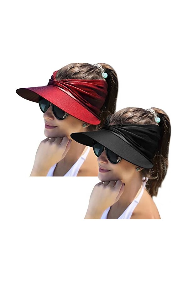 Mukeyo Lot de 2 chapeaux pare-soleil pour femme à large bord Protection UV UPF 50+, Noir et jaune fluo, Taille unique