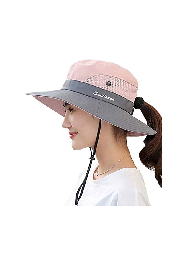 Fueerton Femme Pliable Chapeau de Soleil Réglable Coton Large Bord Visière Eté Plage Voyage UPF UV Rose 