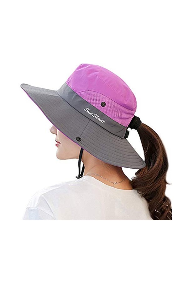 Fueerton Femme Pliable Chapeau de Soleil Réglable Coton Large Bord Visière Eté Plage Voyage UPF UV Rose 