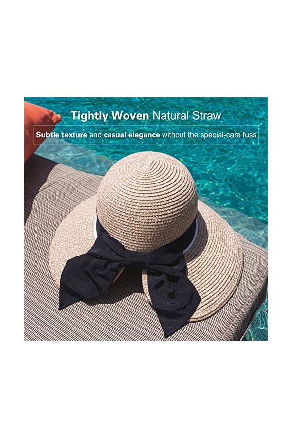 Comhats Siggi Chapeau de paille pliable, à large bord, réglable, certifié UPF 50 - Beige - Large