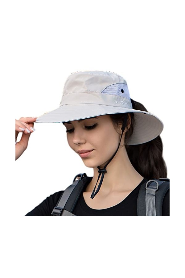 Chapeau de soleil pour femme - Chapeau de pêche en queue de cheval - Chapeau de plage - Protection UV - Chapeau pliable pour 