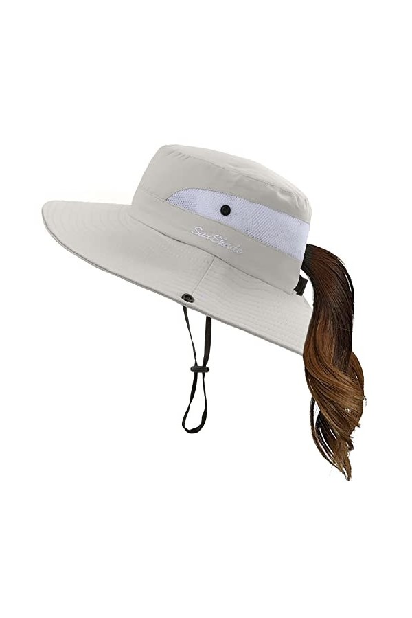 Chapeau de soleil pour femme - Chapeau de pêche en queue de cheval - Chapeau de plage - Protection UV - Chapeau pliable pour 