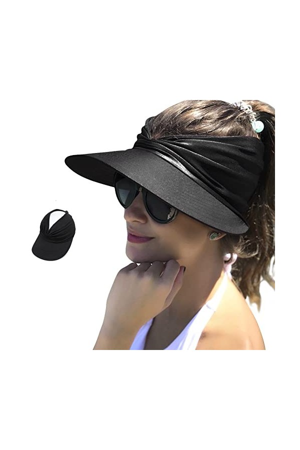 Chapeau de soleil pour femme avec visière large bord et protection UV - Chapeau de plage pliable pour femme, noir, Taille uni