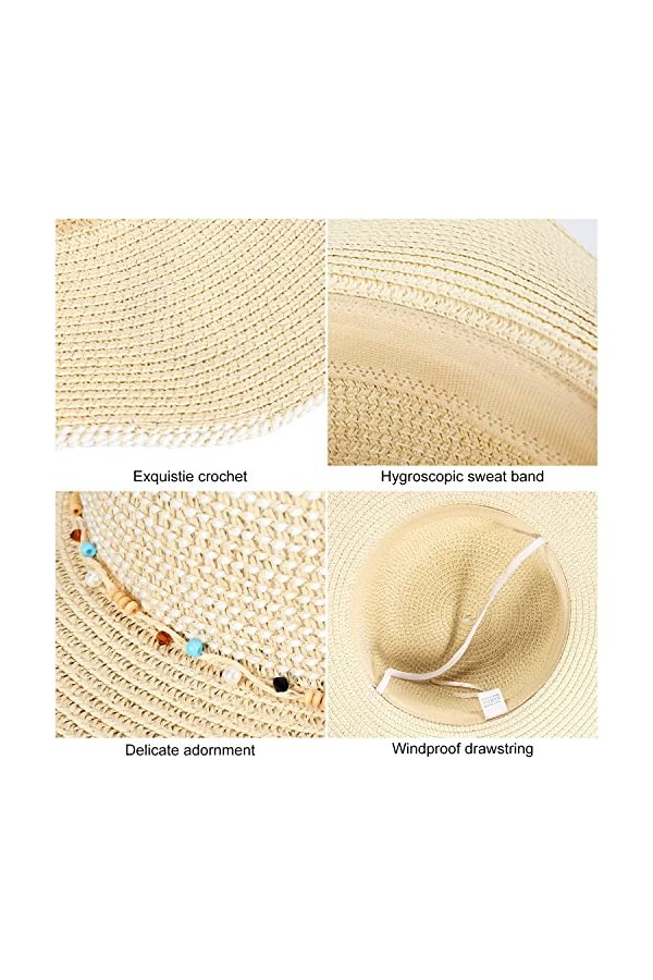 GIKPAL Chapeau de Paille Femme, Chapeau de Soleil Été Chapeau de Plage Pliable Anti-UV avec Large Bord et Mentonnière Réglabl