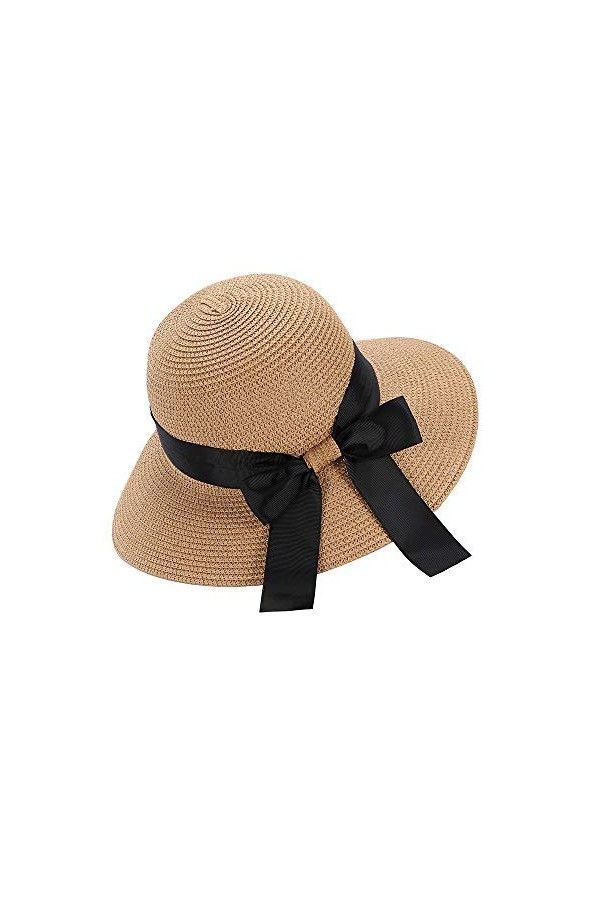 Eight Space Chapeau de soleil dété souple pour femme - Chapeau de paille à large bord avec nœud - Accessoires de plage - Pro