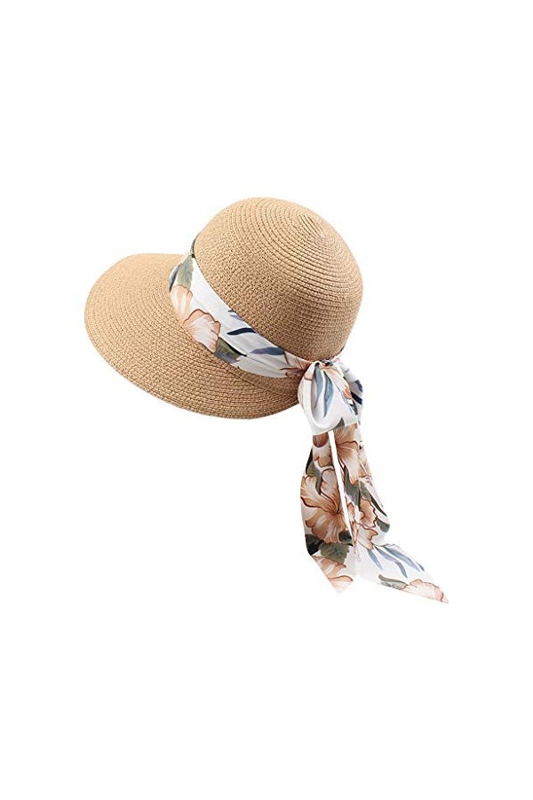 KUKICAT Femme Casquette Visière en Paille Large Bord Chapeau de Soleil Plage Anti-UV Soleil Capeline avec Ruban Florales Eté 