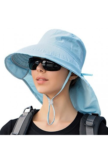Femme Chapeau de Soleil à Large Bord Anti UV Floppy Chapeau de Pêche de Protection du Cou Casquette de Queue de Cheval pour V
