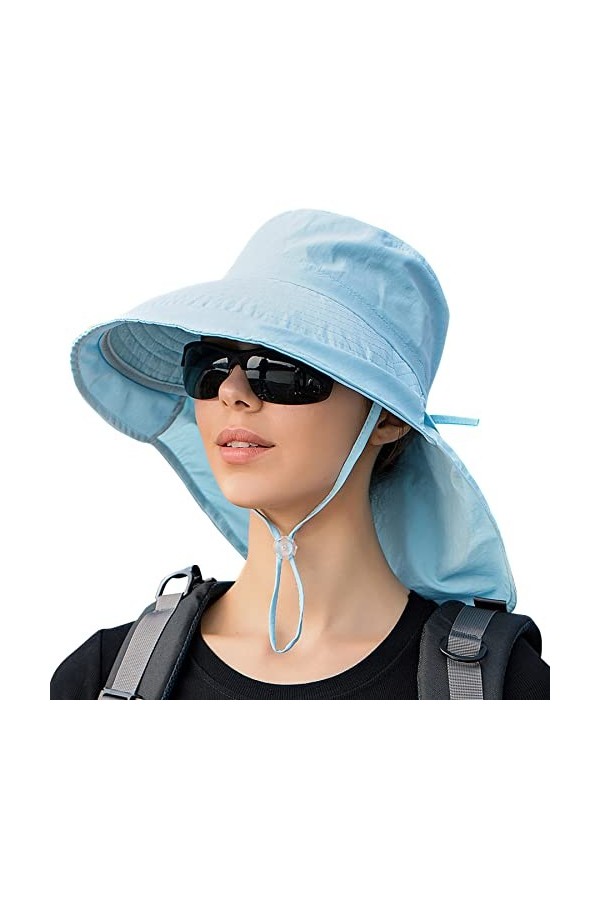 Femme Chapeau de Soleil à Large Bord Anti UV Floppy Chapeau de Pêche de Protection du Cou Casquette de Queue de Cheval pour V