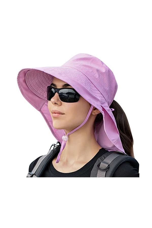 Femme Chapeau de Soleil à Large Bord Anti UV Floppy Chapeau de Pêche de Protection du Cou Casquette de Queue de Cheval pour V