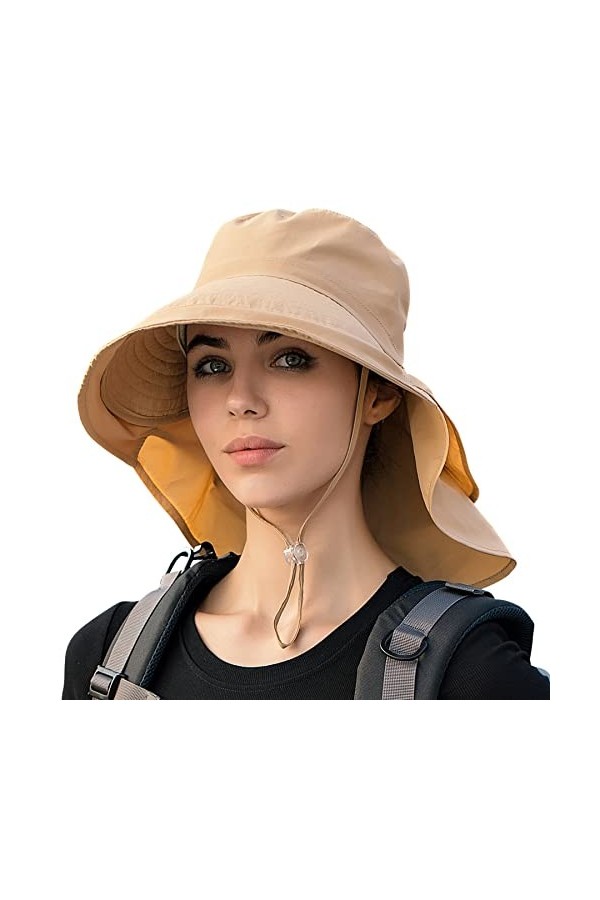 Femme Chapeau de Soleil à Large Bord Anti UV Floppy Chapeau de Pêche de Protection du Cou Casquette de Queue de Cheval pour V