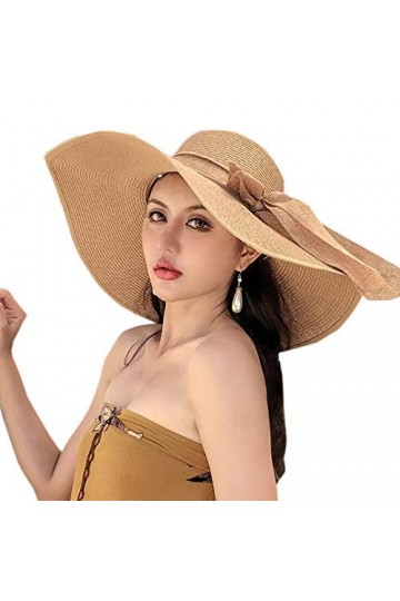 WSLCN Femme Chapeau de Soleil en Paille à Bord Large Capeline Pliable Plage Eté Anti-UV Décoration de Ruban Kaki