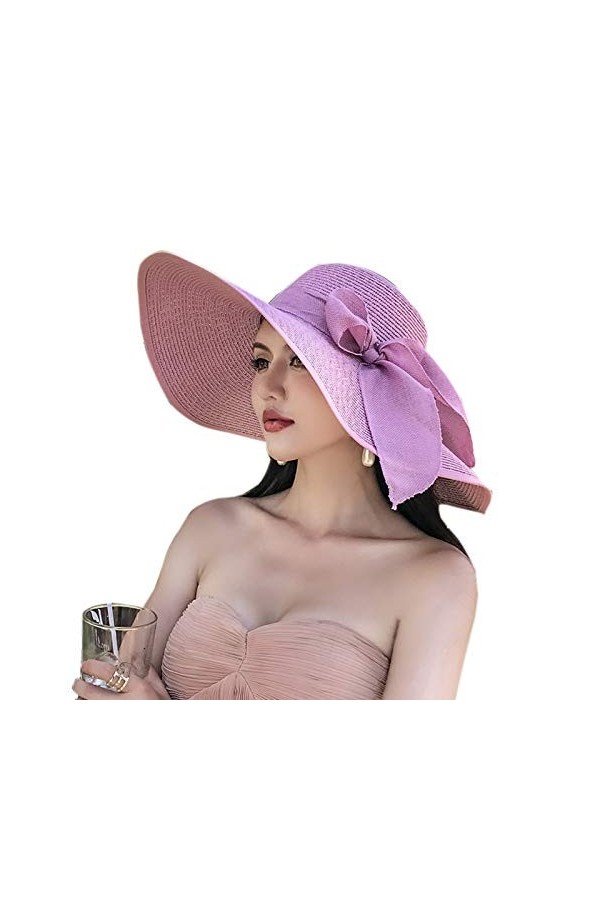 WSLCN Femme Chapeau de Soleil en Paille à Bord Large Capeline Pliable Plage Eté Anti-UV Décoration de Ruban Kaki