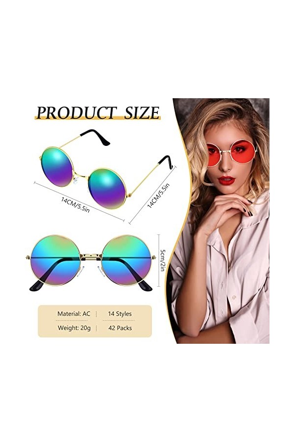 Lot de 42 lunettes de soleil rondes en vrac style hippie années 60 et 70 - Lunettes de soleil colorées rétro polarisées avec 