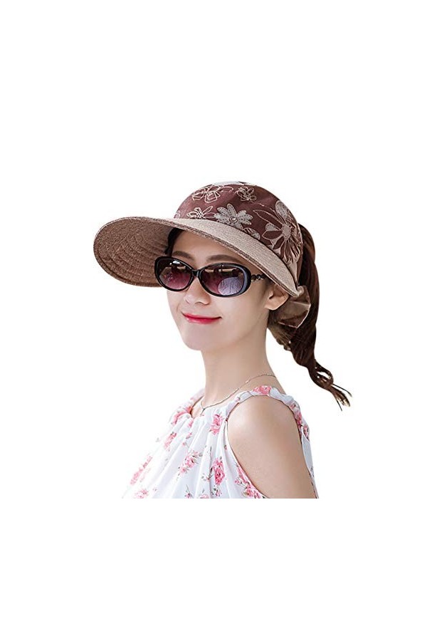 Casquette Visière Femme été Casquette de Baseball Queue de Cheval Chapeau Haut Vide Coton Chapeau de Soleil Large Bord Anti-U