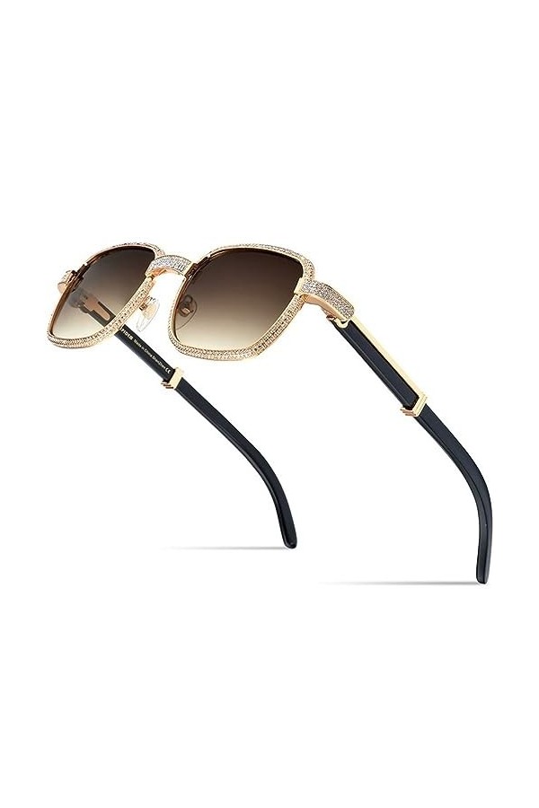 HPIRME Lunettes de soleil faites à la main en corne de buffle diamant femmes lunettes de soleil pour les nuances femme, noir,