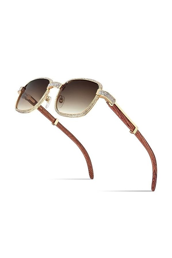 HPIRME Lunettes de soleil faites à la main en corne de buffle diamant femmes lunettes de soleil pour les nuances femme, noir,