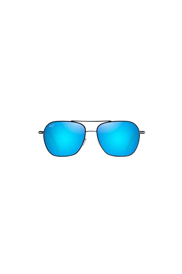 Maui Jim Mano Lunettes de soleil unisexes avec verres polarisés brevetés Plus 2, Bleu marine foncé avec rayures argentées/ble